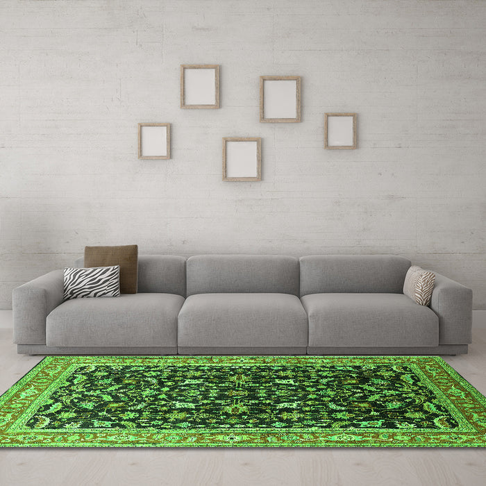 Machine Washable Oriental Green Industrial Area Rugs in a Living Room,, wshurb1110grn