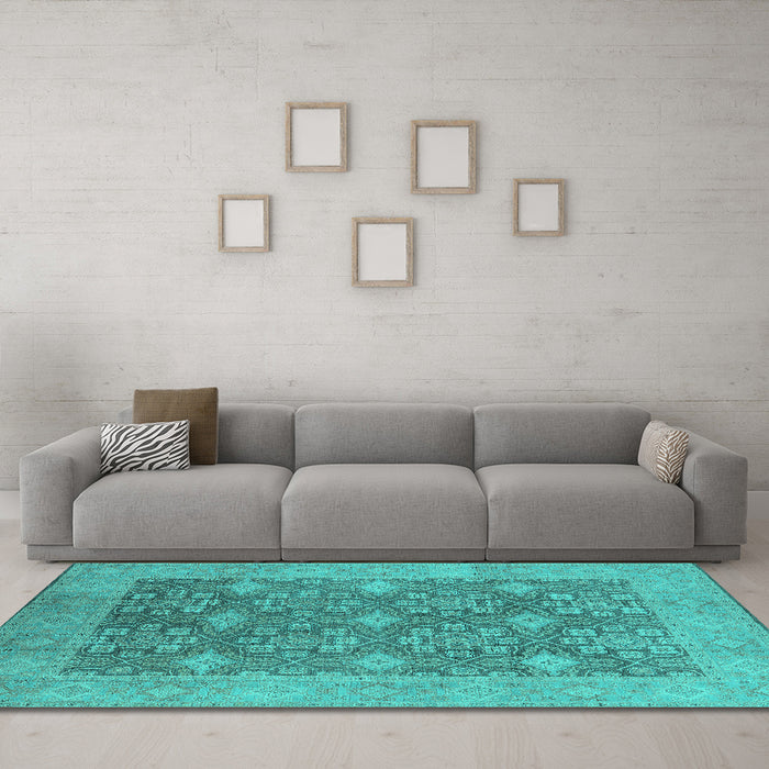 Machine Washable Oriental Turquoise Industrial Area Rugs in a Living Room,, wshurb1111turq