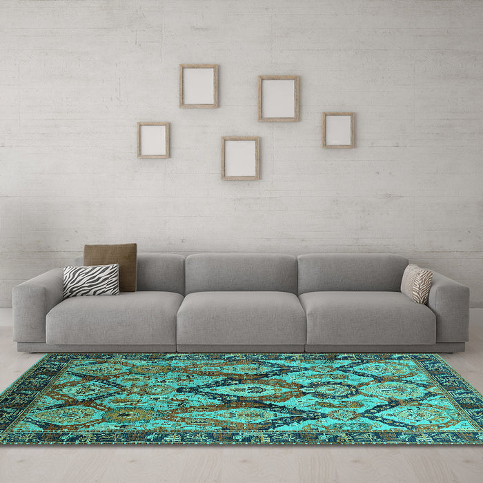Machine Washable Oriental Turquoise Industrial Area Rugs in a Living Room,, wshurb1112turq