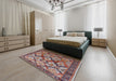 Mid-Century Modern Khaki Rose Pink Oriental Rug in a Bedroom, urb1112