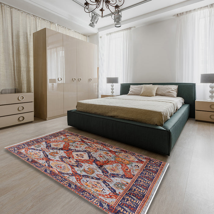 Mid-Century Modern Khaki Rose Pink Oriental Rug in a Bedroom, urb1112