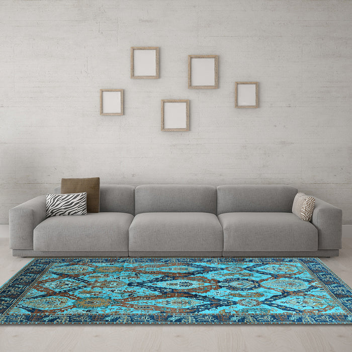Machine Washable Oriental Light Blue Industrial Rug in a Living Room, wshurb1112lblu