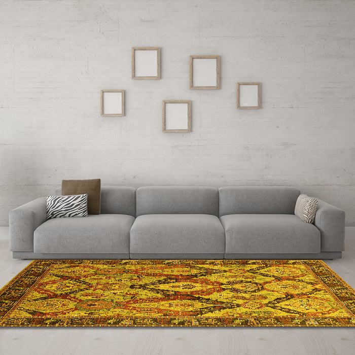 Machine Washable Oriental Yellow Industrial Rug in a Living Room, wshurb1112yw