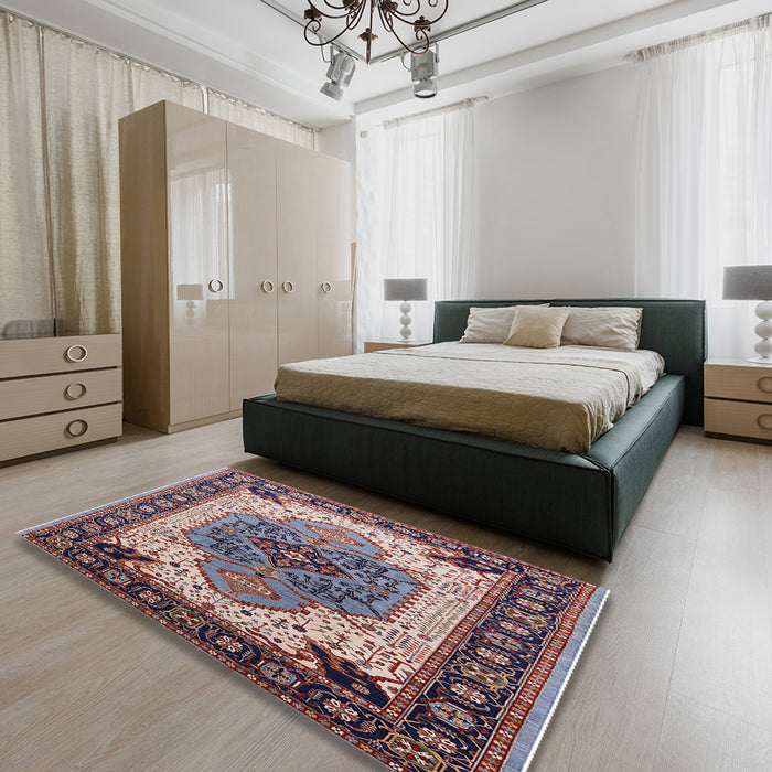 Mid-Century Modern Silver Pink Oriental Rug in a Bedroom, urb1113