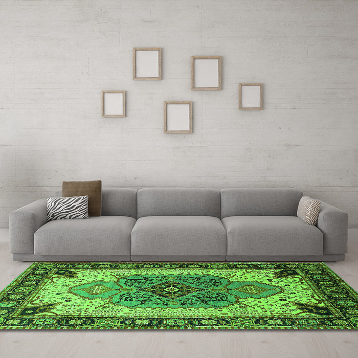 Machine Washable Oriental Green Industrial Area Rugs in a Living Room,, wshurb1113grn