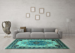 Machine Washable Oriental Turquoise Industrial Area Rugs in a Living Room,, wshurb1113turq