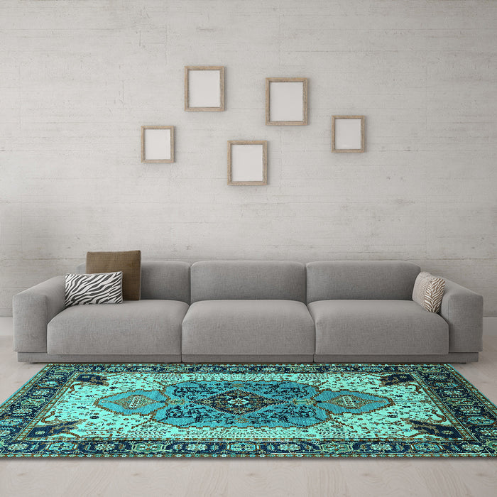 Machine Washable Oriental Turquoise Industrial Area Rugs in a Living Room,, wshurb1113turq
