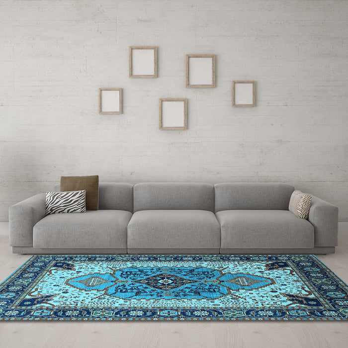 Machine Washable Oriental Light Blue Industrial Rug in a Living Room, wshurb1113lblu