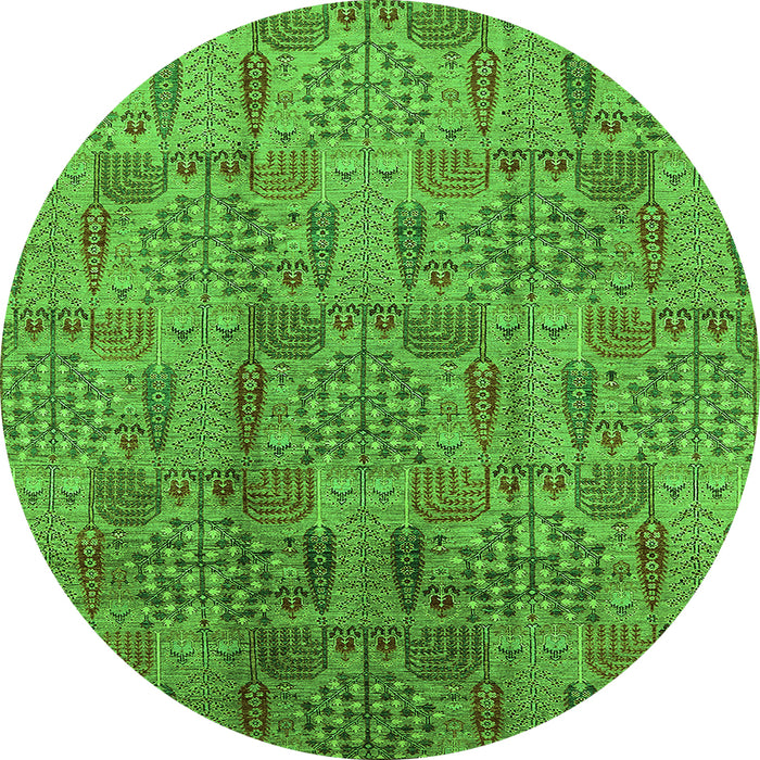 Round Machine Washable Oriental Green Industrial Area Rugs, wshurb1114grn