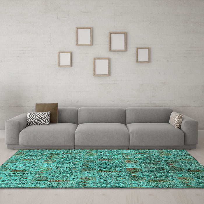 Machine Washable Oriental Turquoise Industrial Area Rugs in a Living Room,, wshurb1114turq
