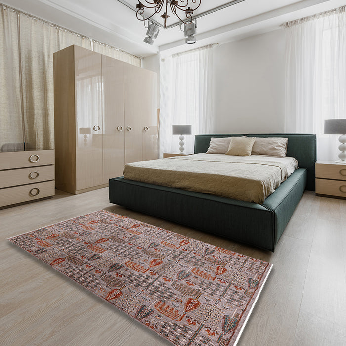 Mid-Century Modern Chestnut Brown Oriental Rug in a Bedroom, urb1114