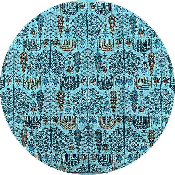 Round Machine Washable Oriental Light Blue Industrial Rug, wshurb1116lblu