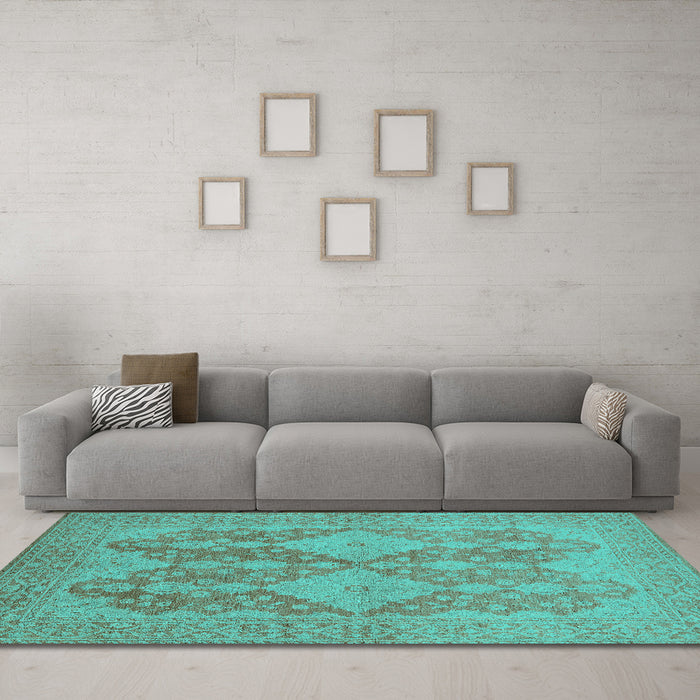 Machine Washable Oriental Turquoise Industrial Area Rugs in a Living Room,, wshurb1117turq
