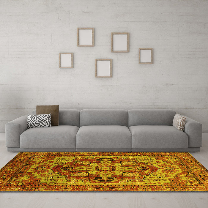 Machine Washable Oriental Yellow Industrial Rug in a Living Room, wshurb1121yw
