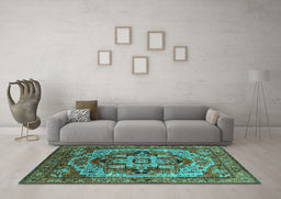 Machine Washable Oriental Turquoise Industrial Area Rugs in a Living Room,, wshurb1121turq