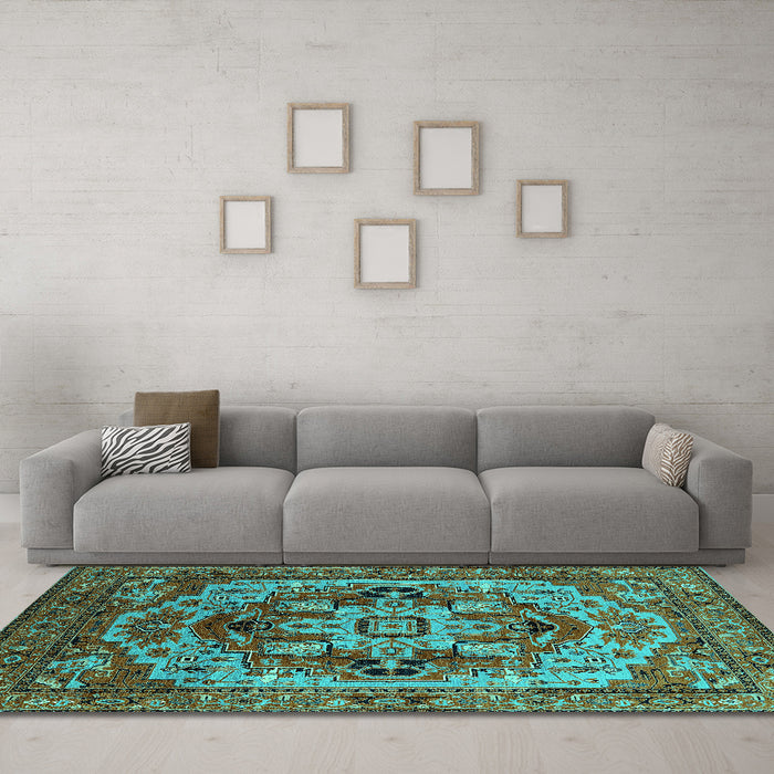 Machine Washable Oriental Turquoise Industrial Area Rugs in a Living Room,, wshurb1121turq