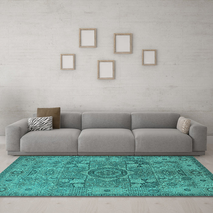 Machine Washable Oriental Turquoise Industrial Area Rugs in a Living Room,, wshurb1122turq