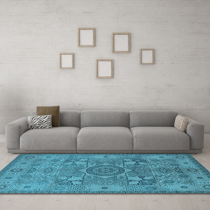 Machine Washable Oriental Light Blue Industrial Rug in a Living Room, wshurb1122lblu
