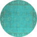 Round Machine Washable Oriental Turquoise Industrial Area Rugs, wshurb1125turq