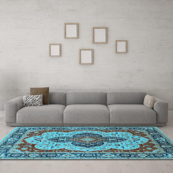 Machine Washable Oriental Light Blue Industrial Rug in a Living Room, wshurb1129lblu