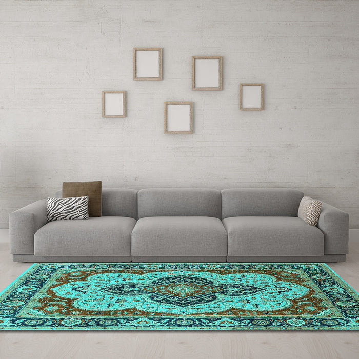 Machine Washable Oriental Turquoise Industrial Area Rugs in a Living Room,, wshurb1129turq
