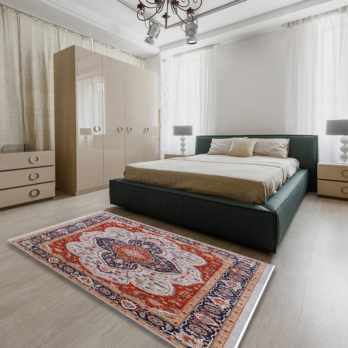 Mid-Century Modern Chestnut Brown Oriental Rug in a Bedroom, urb1129
