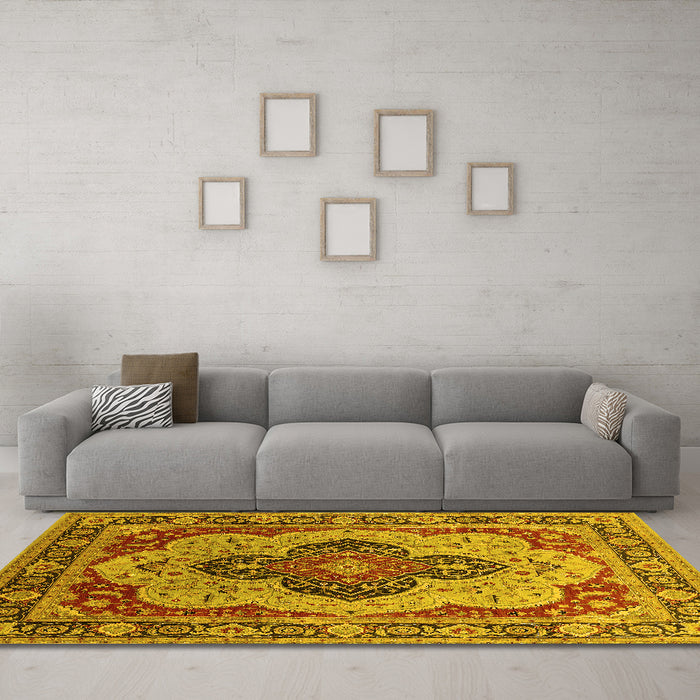 Machine Washable Oriental Yellow Industrial Rug in a Living Room, wshurb1130yw