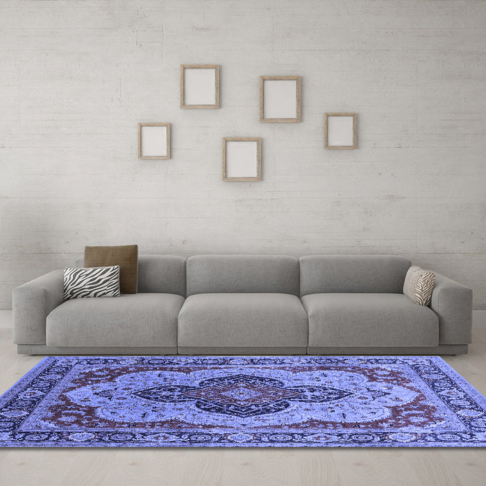Machine Washable Oriental Blue Industrial Rug in a Living Room, wshurb1130blu