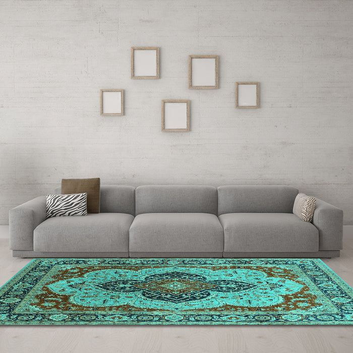 Machine Washable Oriental Turquoise Industrial Area Rugs in a Living Room,, wshurb1130turq