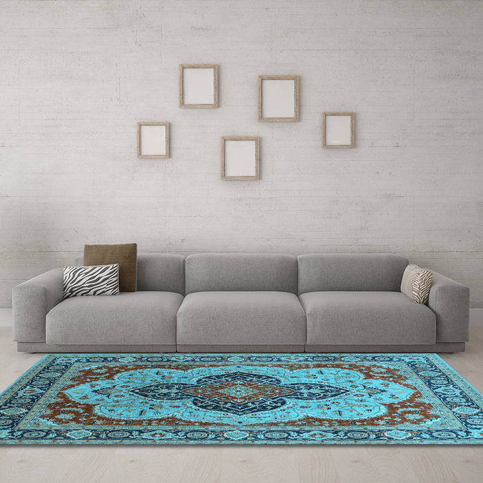 Machine Washable Oriental Light Blue Industrial Rug in a Living Room, wshurb1130lblu