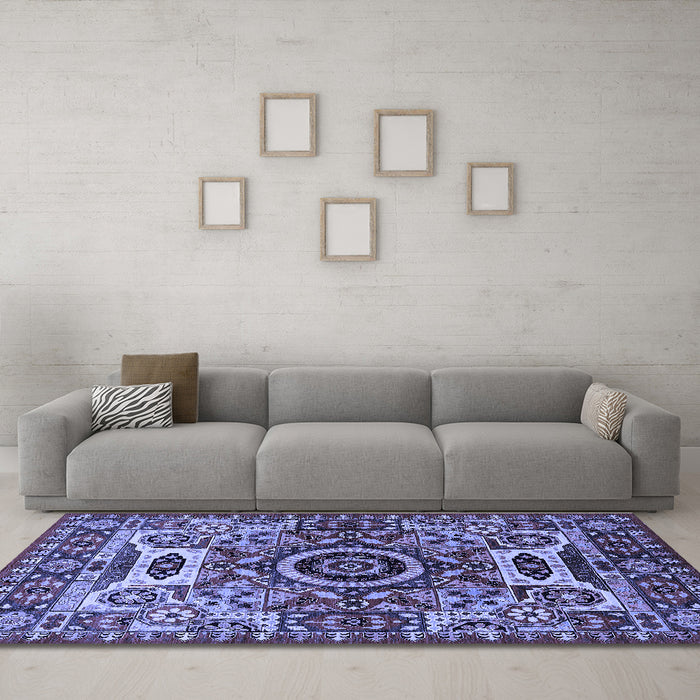 Machine Washable Oriental Blue Industrial Rug in a Living Room, wshurb1135blu