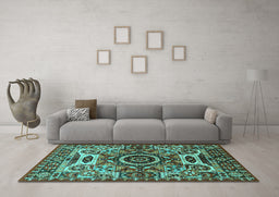 Machine Washable Oriental Turquoise Industrial Area Rugs in a Living Room,, wshurb1135turq