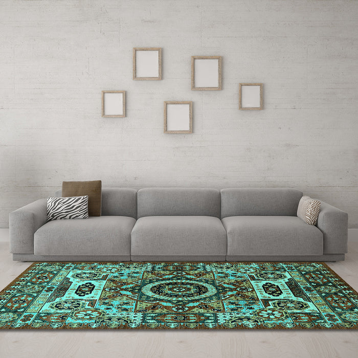 Machine Washable Oriental Turquoise Industrial Area Rugs in a Living Room,, wshurb1135turq