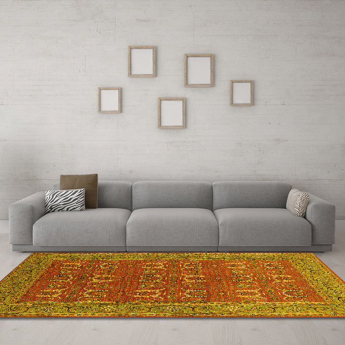 Machine Washable Oriental Yellow Industrial Rug in a Living Room, wshurb1137yw
