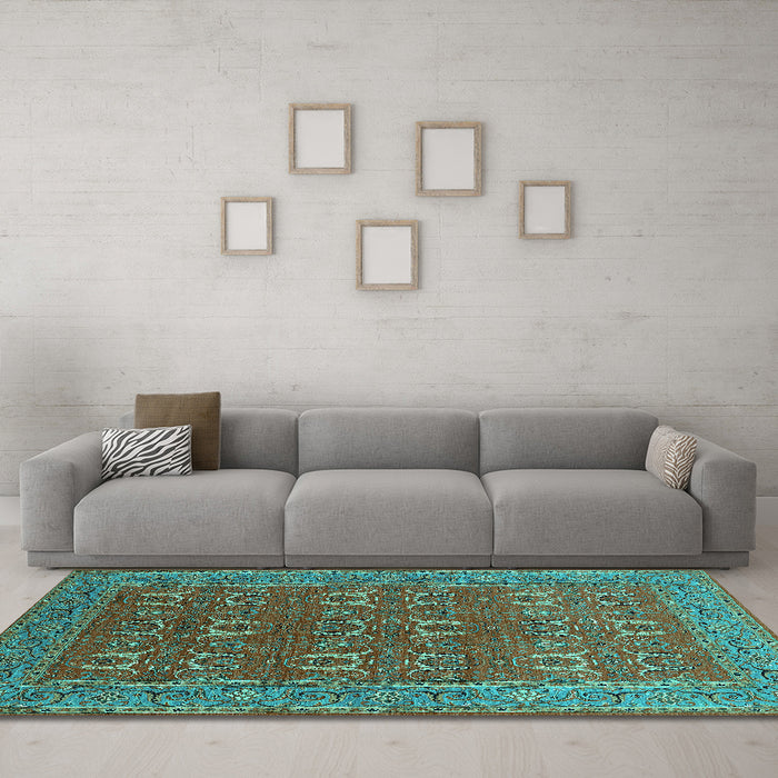 Machine Washable Oriental Turquoise Industrial Area Rugs in a Living Room,, wshurb1137turq