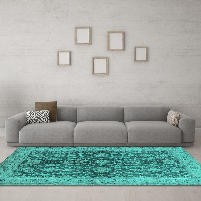 Machine Washable Oriental Turquoise Industrial Area Rugs in a Living Room,, wshurb1138turq