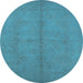 Round Machine Washable Oriental Light Blue Industrial Rug, wshurb1139lblu