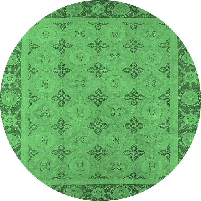 Round Machine Washable Oriental Emerald Green Industrial Area Rugs, wshurb1141emgrn