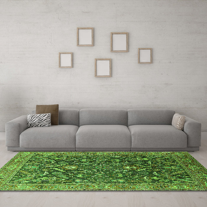 Machine Washable Oriental Green Industrial Area Rugs in a Living Room,, wshurb1143grn