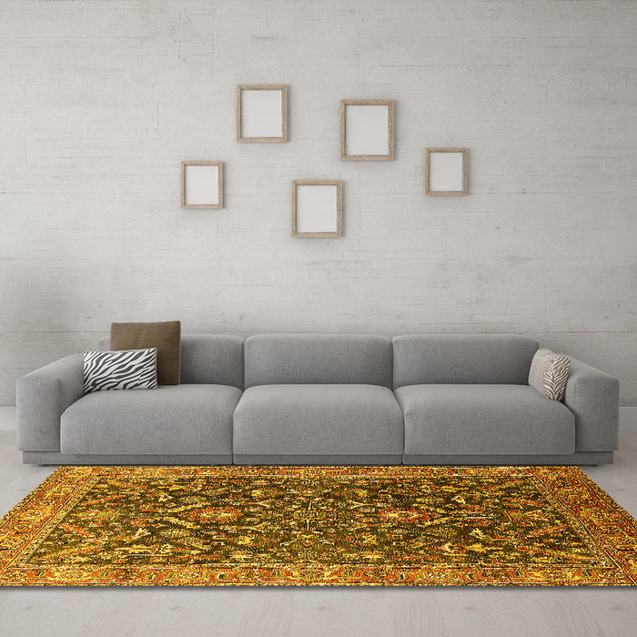 Machine Washable Oriental Yellow Industrial Rug in a Living Room, wshurb1143yw