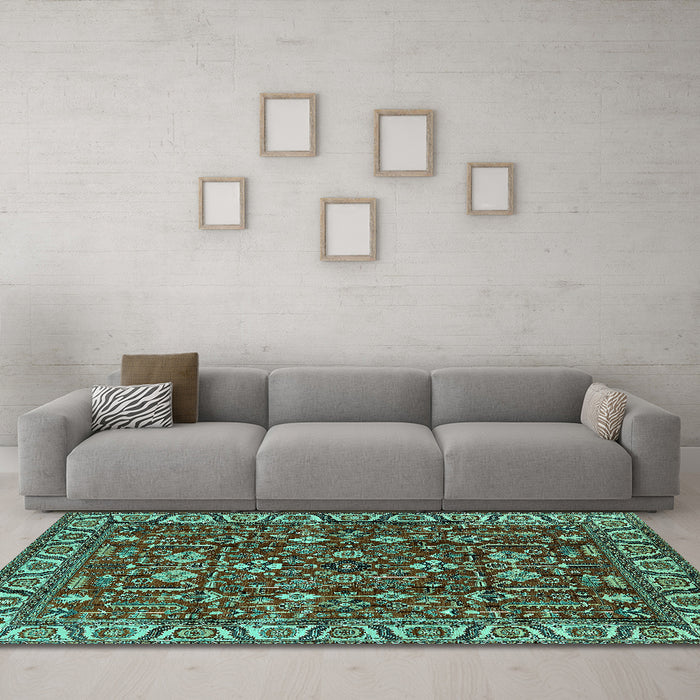 Machine Washable Oriental Turquoise Industrial Area Rugs in a Living Room,, wshurb1144turq