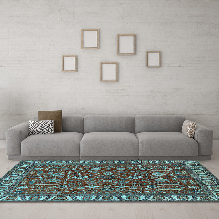 Machine Washable Oriental Light Blue Industrial Rug in a Living Room, wshurb1144lblu
