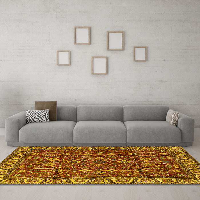 Machine Washable Oriental Yellow Industrial Rug in a Living Room, wshurb1144yw