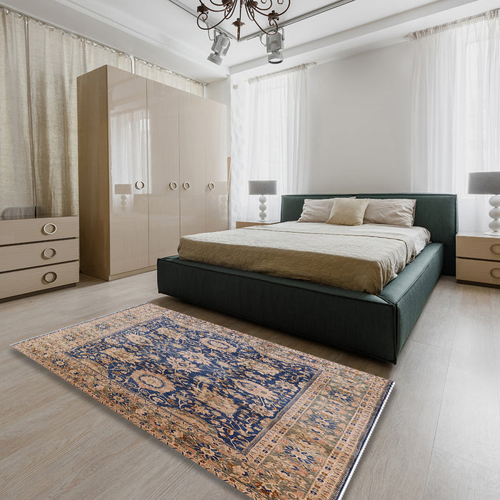 Mid-Century Modern Carbon Gray Oriental Rug in a Bedroom, urb1145