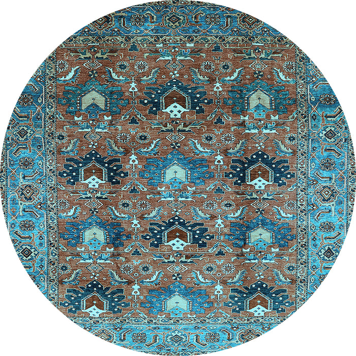 Round Machine Washable Oriental Light Blue Industrial Rug, wshurb1146lblu