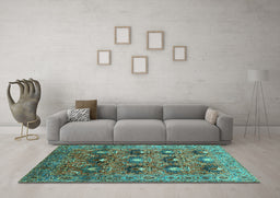Machine Washable Oriental Turquoise Industrial Area Rugs in a Living Room,, wshurb1146turq