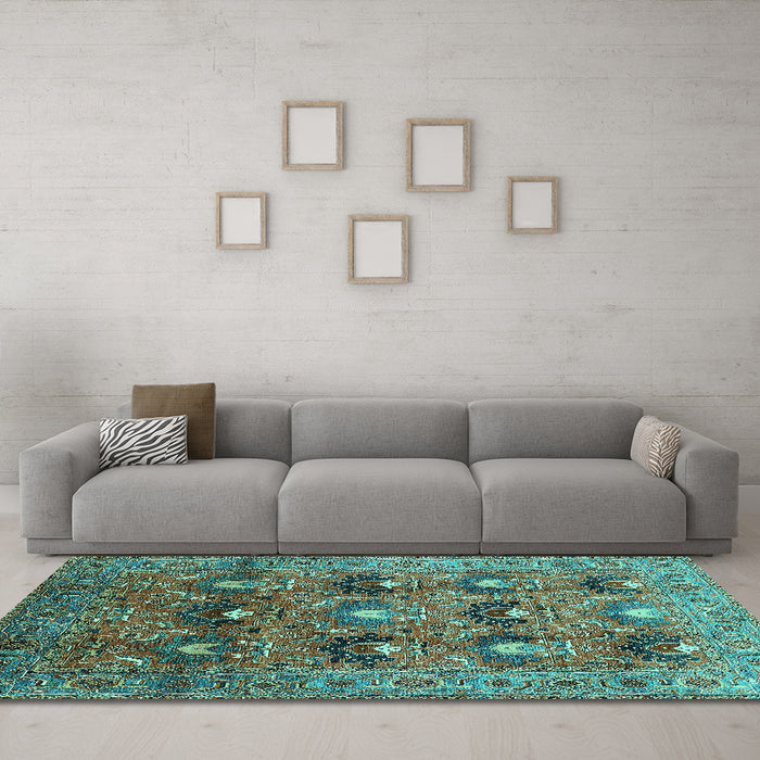 Machine Washable Oriental Turquoise Industrial Area Rugs in a Living Room,, wshurb1146turq