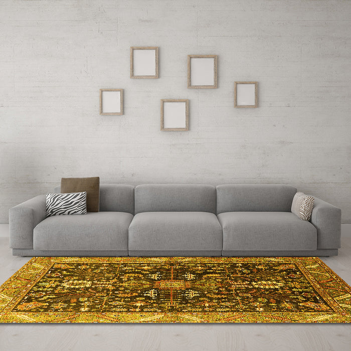 Machine Washable Oriental Yellow Industrial Rug in a Living Room, wshurb1147yw