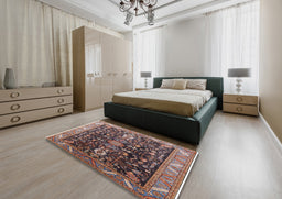 Mid-Century Modern Khaki Rose Pink Oriental Rug in a Bedroom, urb1147
