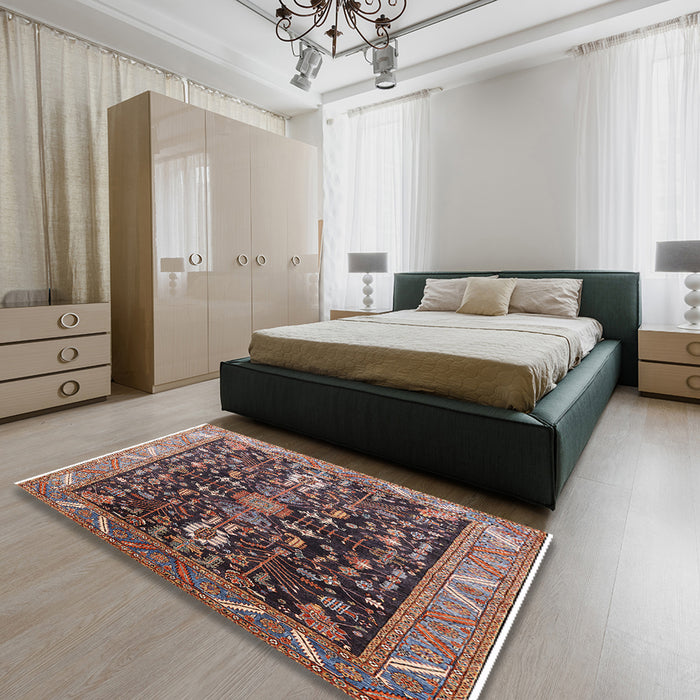 Mid-Century Modern Khaki Rose Pink Oriental Rug in a Bedroom, urb1147